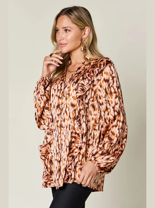 Double Take Full Size Printed Ruffle Trim Balloon Sleeve Shirt nicholesgifts