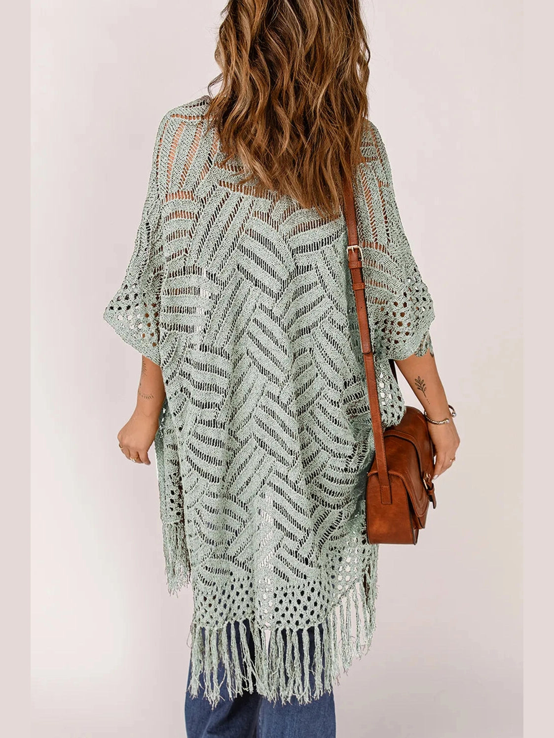 Openwork Open Front Cardigan with Fringes nicholesgifts