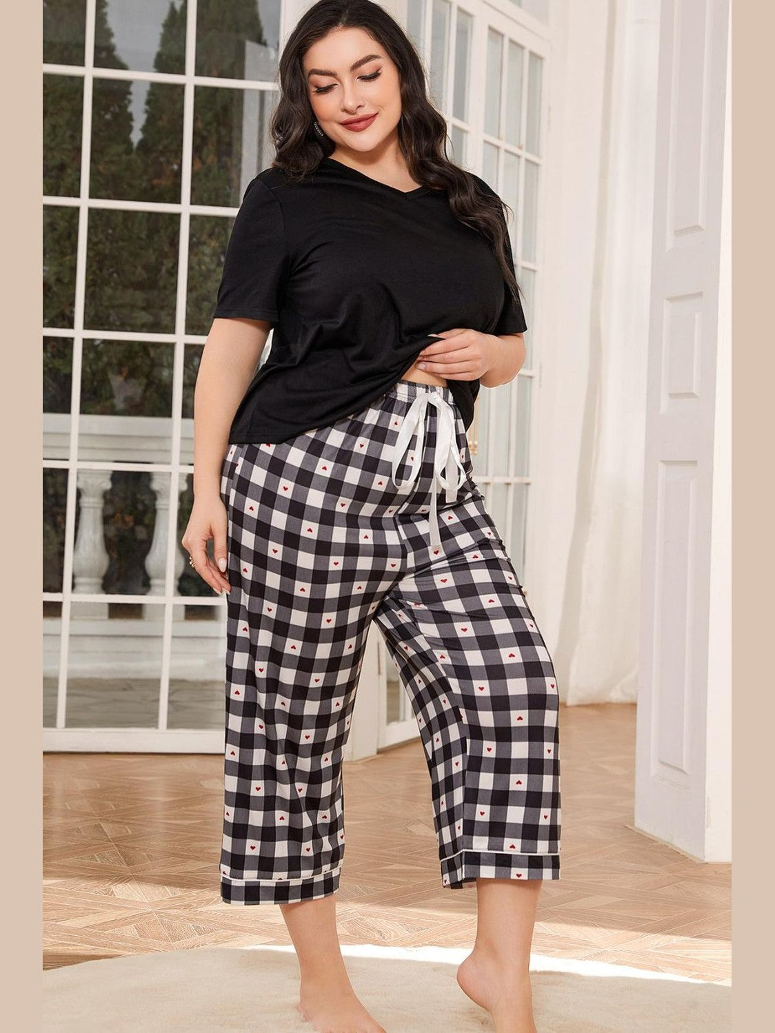 V-Neck Tee and Plaid Cropped Pants Lounge Set nicholesgifts