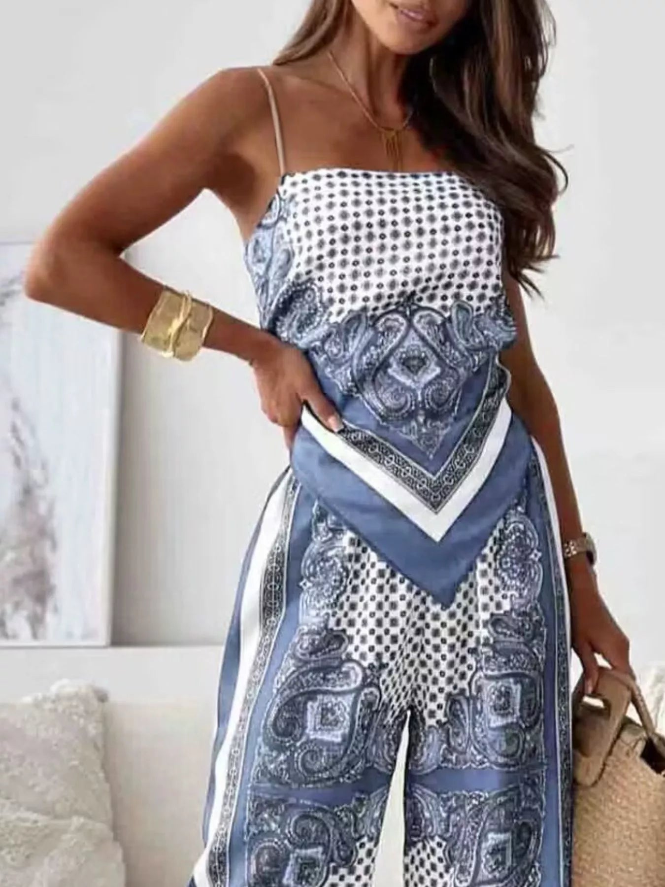 Tie Back Printed Cami and Pants Set Trendsi