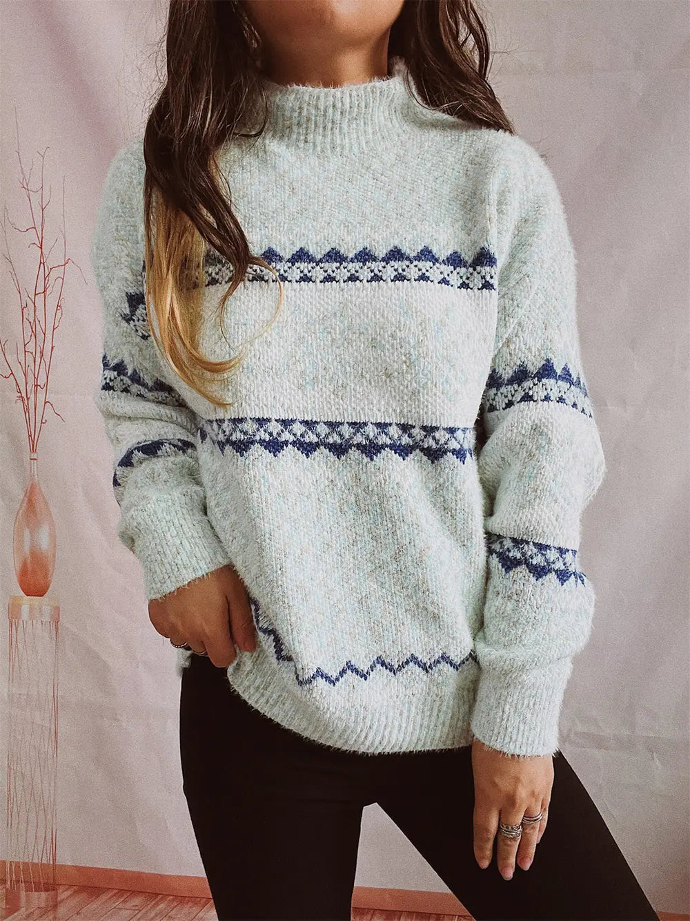 Geometric Mock Neck Dropped Shoulder Sweater Trendsi