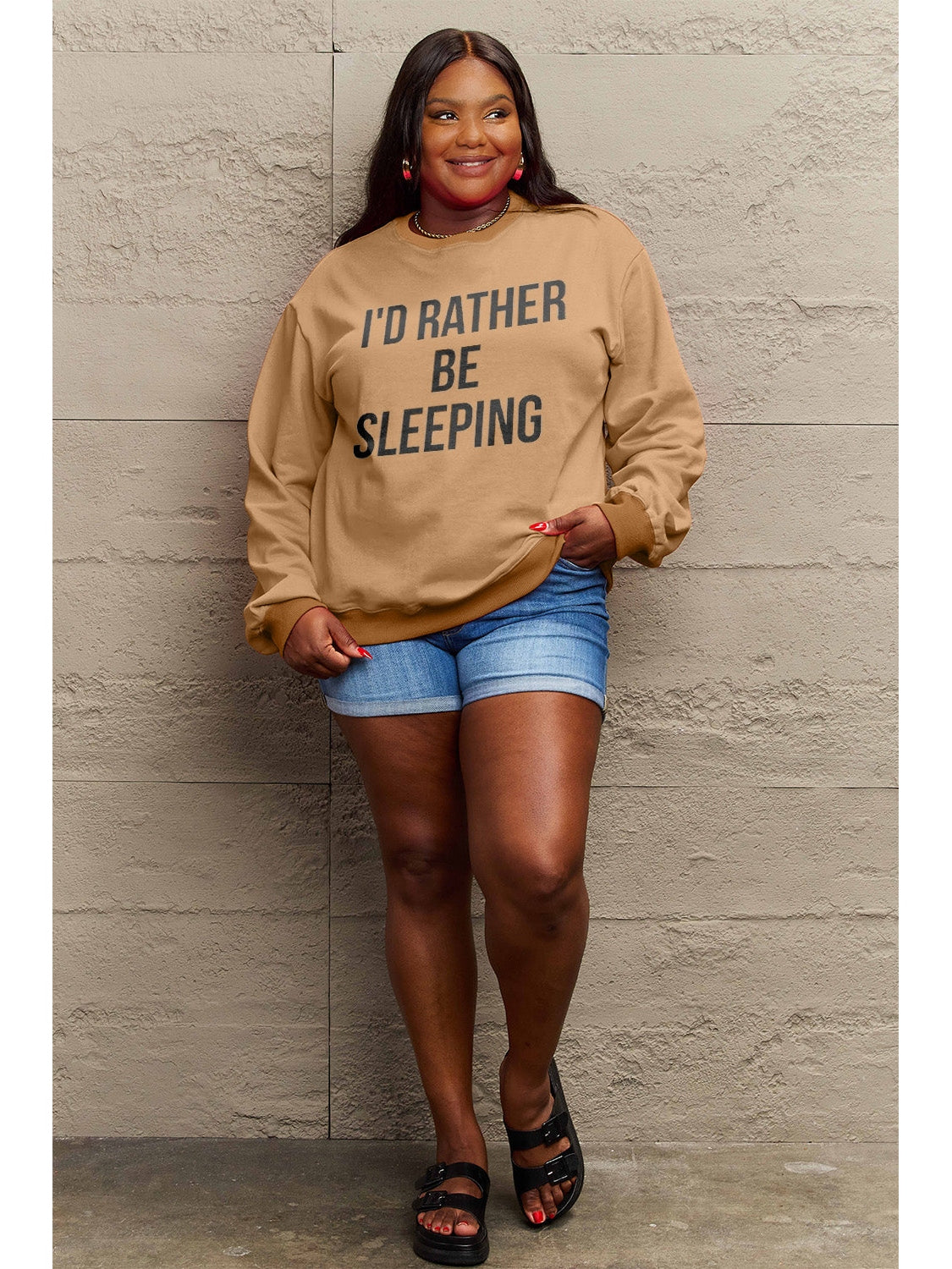 Simply Love Full Size I'D RATHER BE SLEEPING Round Neck Sweatshirt nicholesgifts