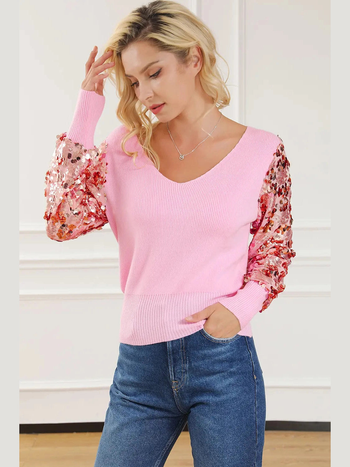 Sequin Long Sleeve V-Neck Sweater Trendsi