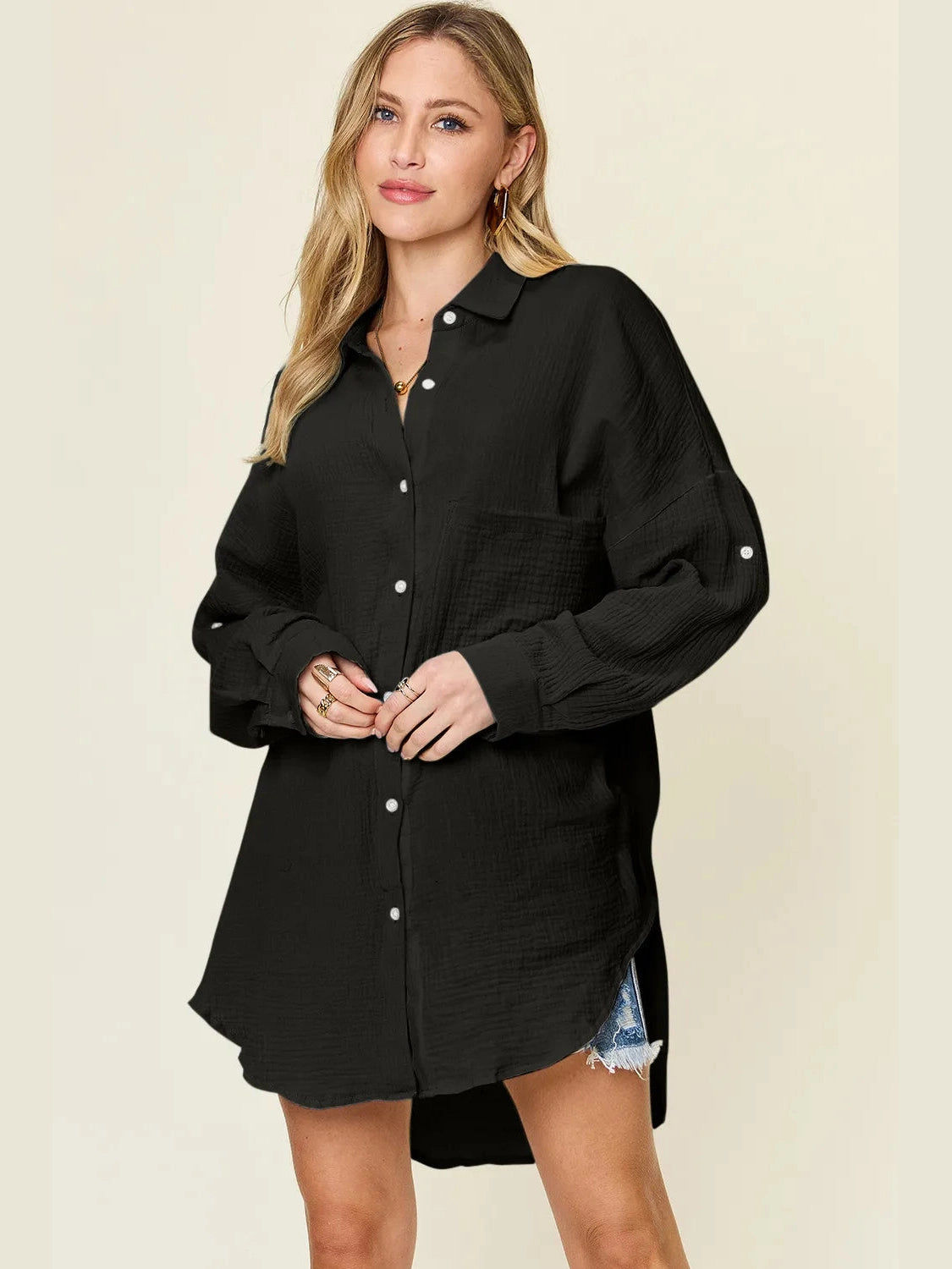 Double Take Full Size Pocketed Texture Button Up Shirt