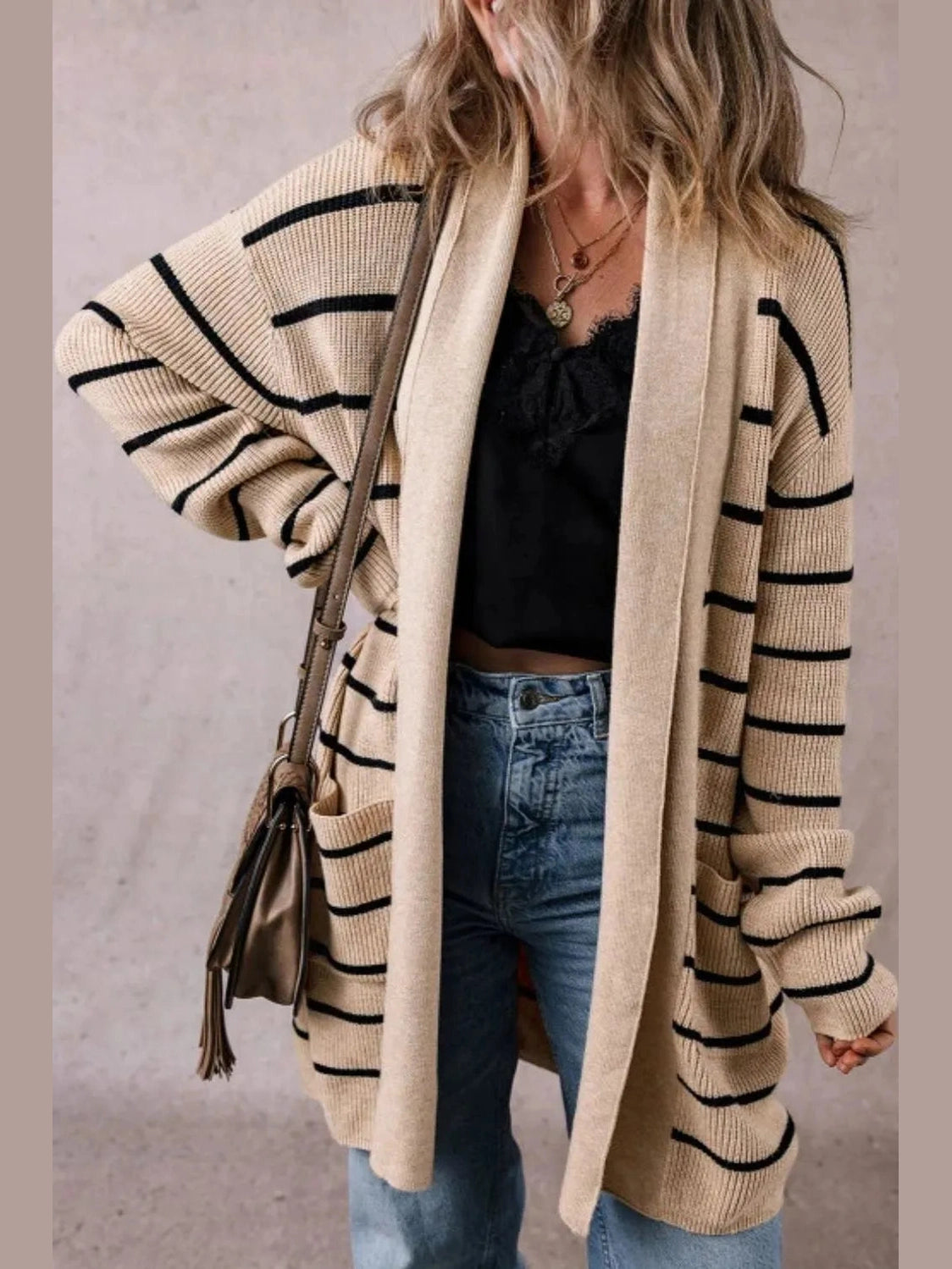 Striped Open Front Long Sleeve Cardigan NicholesGifts