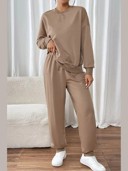 Perfee Round Neck Long Sleeve Top and Pants Set nicholesgifts