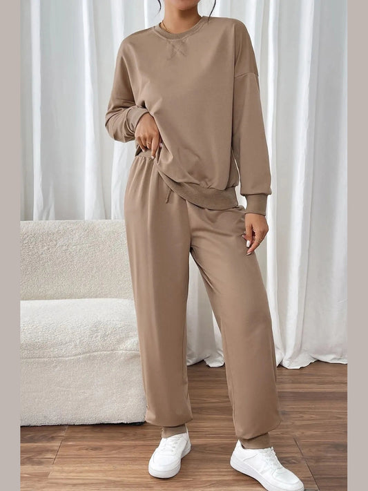 Perfee Round Neck Long Sleeve Top and Pants Set nicholesgifts