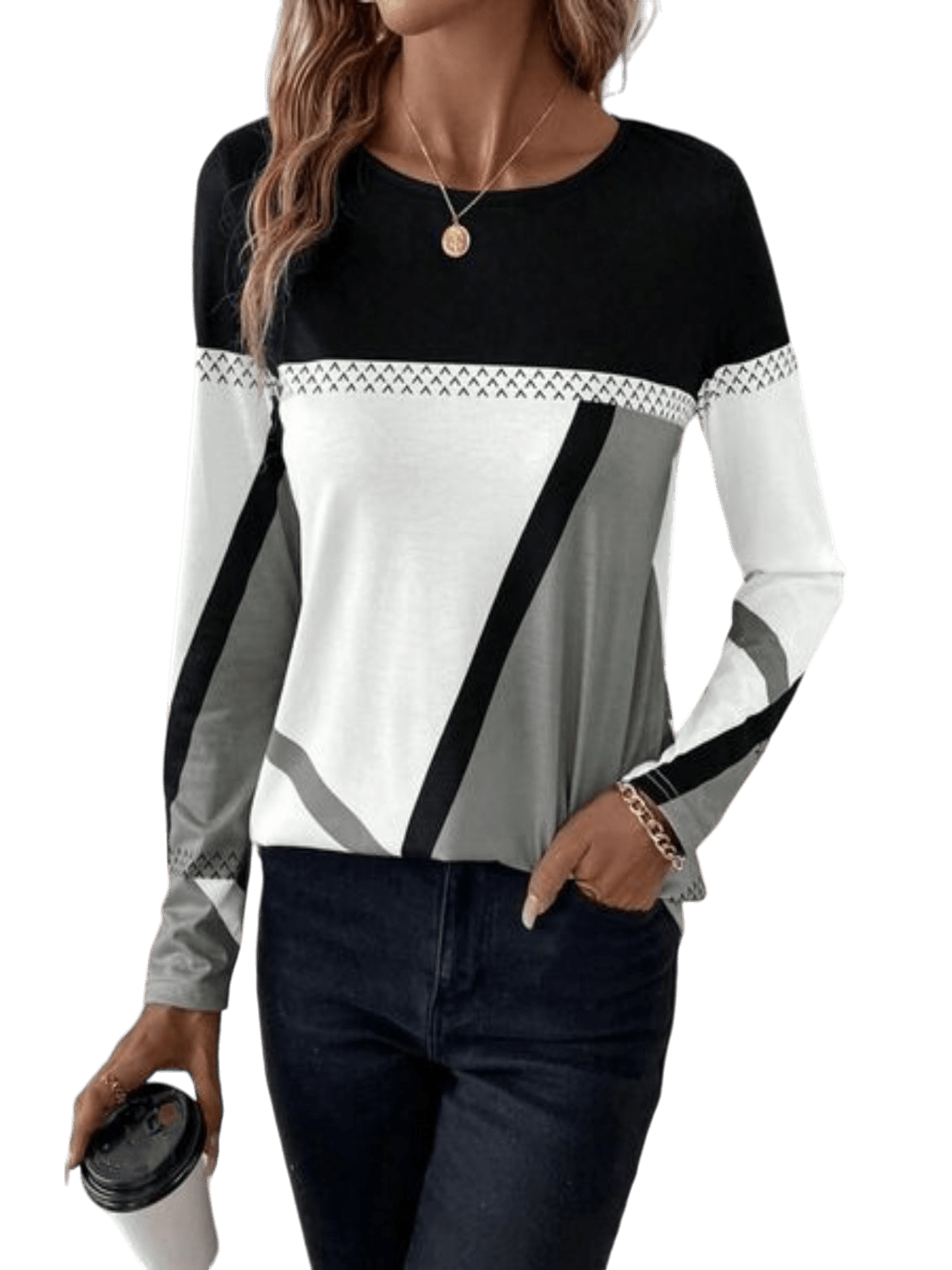 Women Contrast Round Neck Long Sleeve T-Shirt nicholesgifts