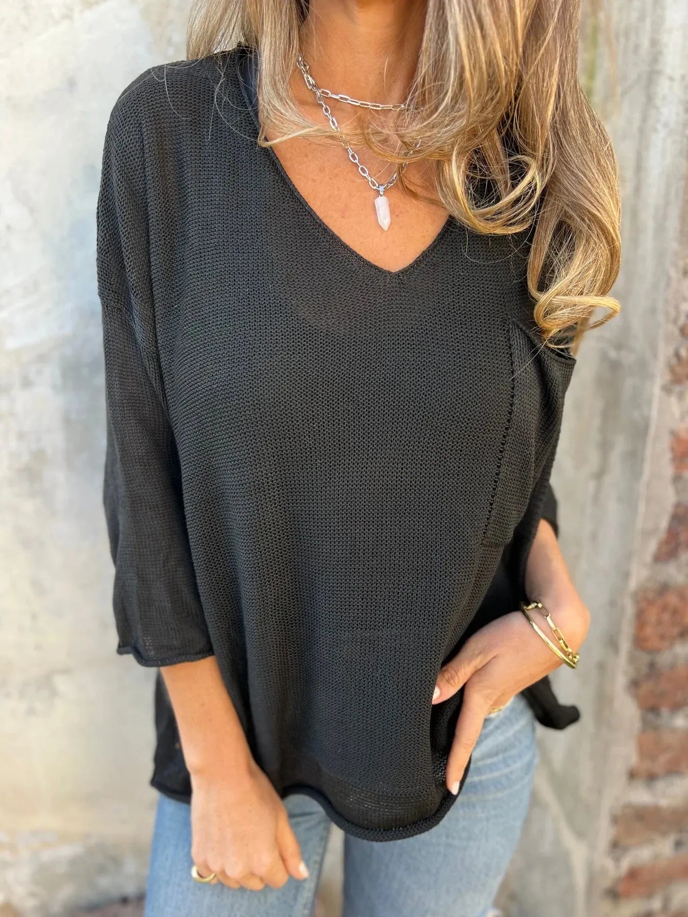 Full Size Casual V-Neck Knit Sweater Plus Size Trendsi