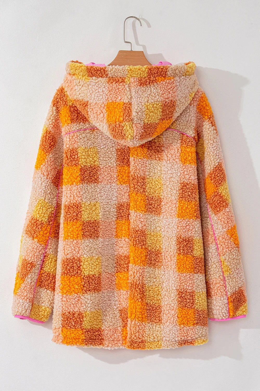 Checkered Long Sleeve Sherpa Hooded Jacket Trendsi