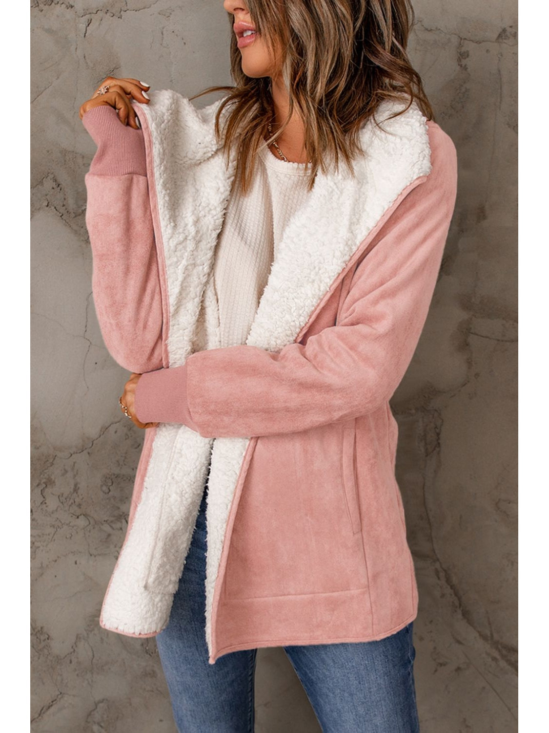 Open Front Long Sleeve Sherpa Jacket with Pockets nicholesgifts