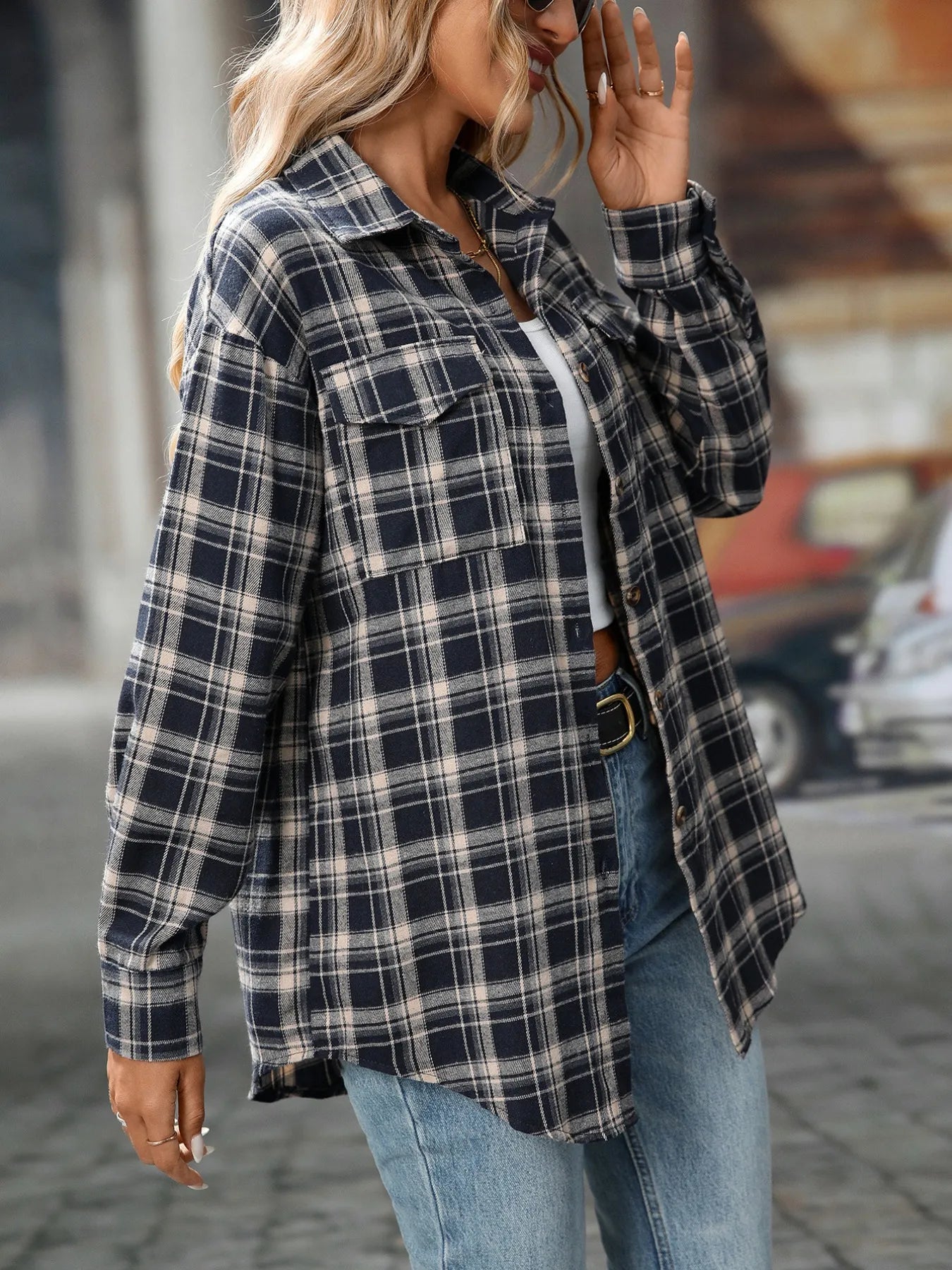 Plaid Button-Down Oversized Shirt Trendsi