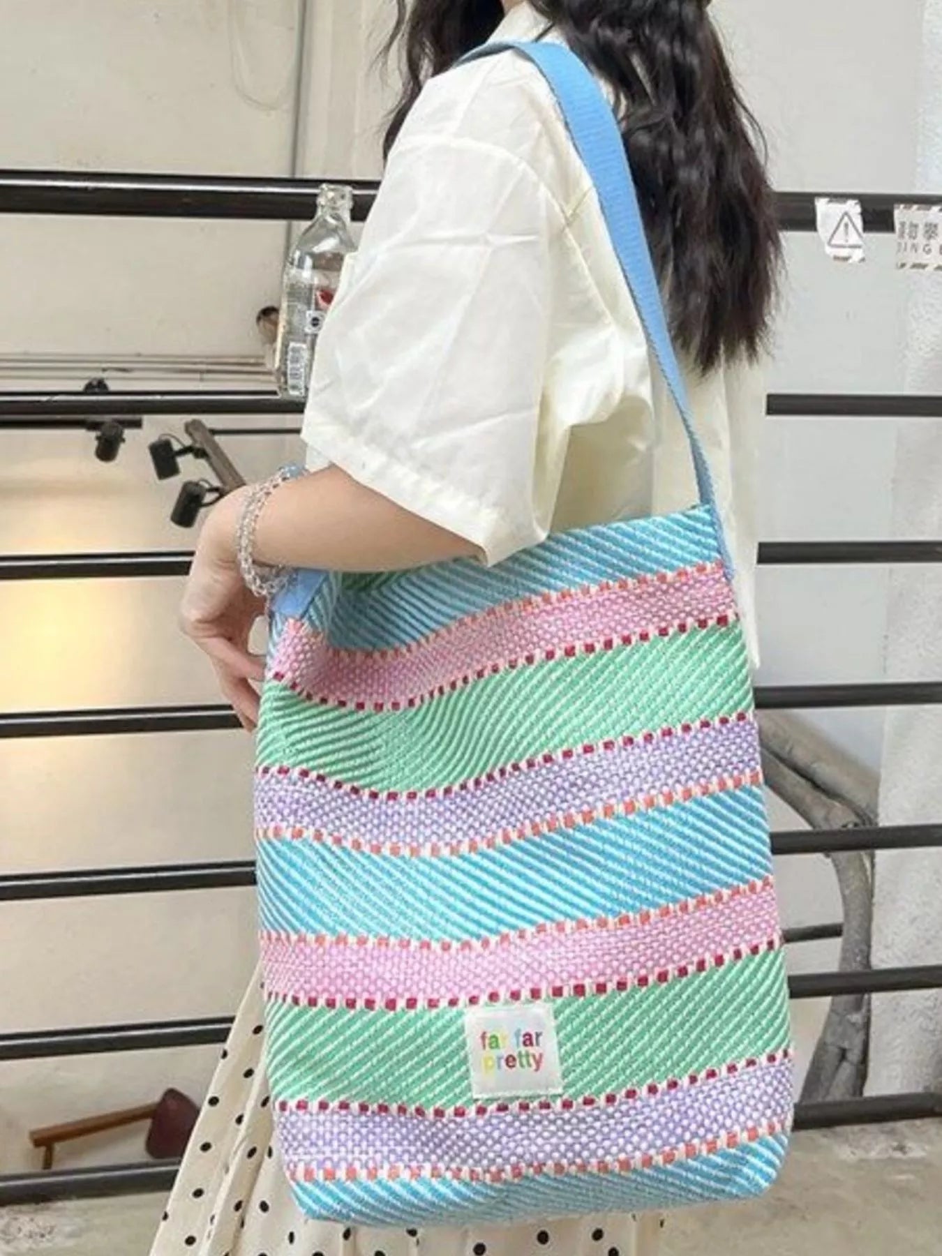 Striped Woven Shoulder Bag with Adjustable Strap nicholesgifts