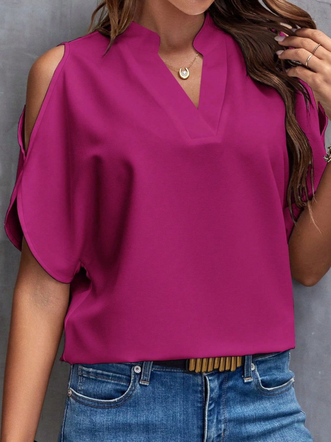 Women Notched Cold Shoulder Blouse nicholesgifts