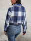 Women Perfee Plaid Button Up Drop Shoulder Cropped Jacket nicholesgifts