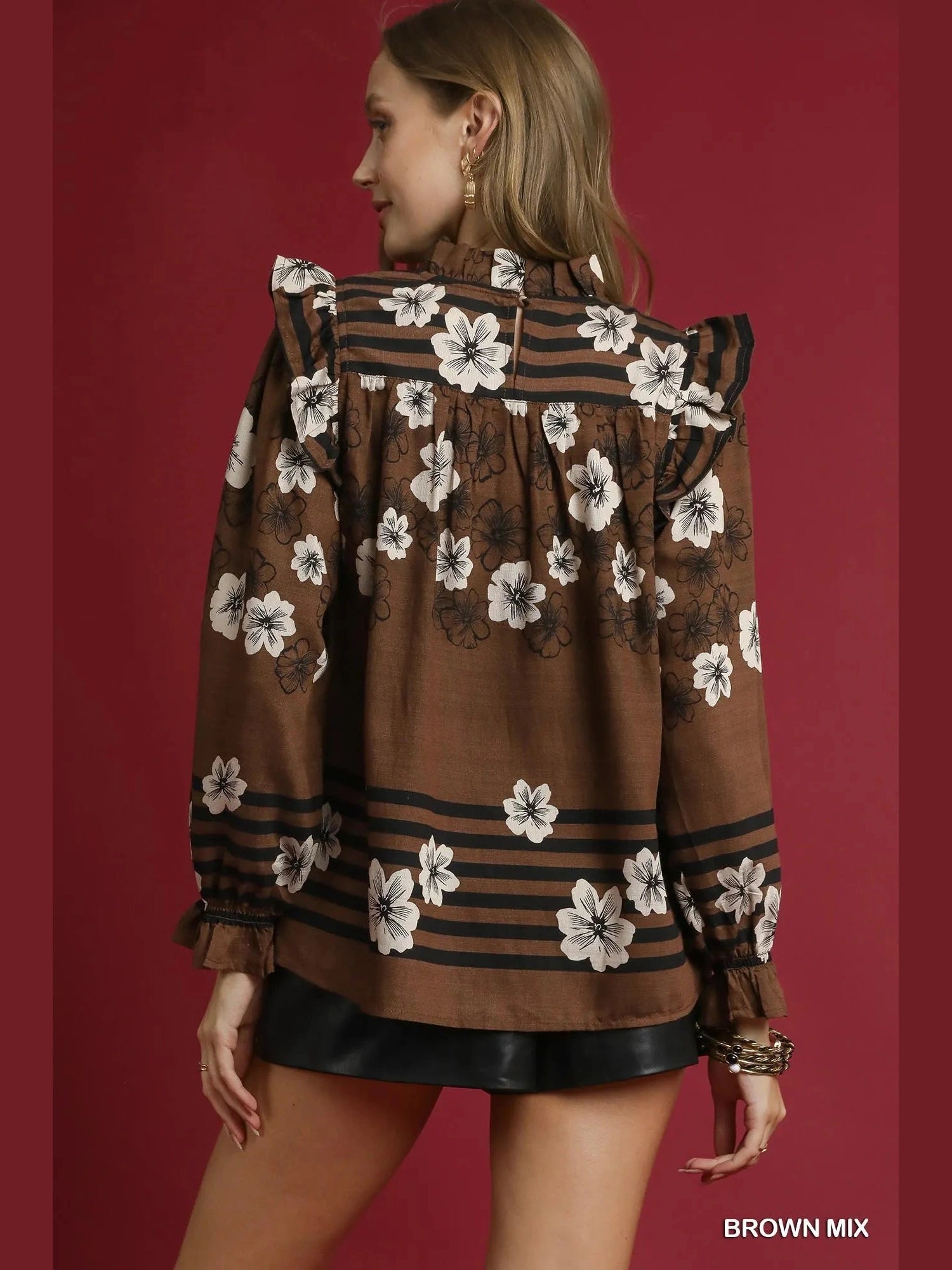 Women Umgee Full Size Mix Floral Smocked Ruffle Long Sleeve Blouse Plus Size NicholesGifts