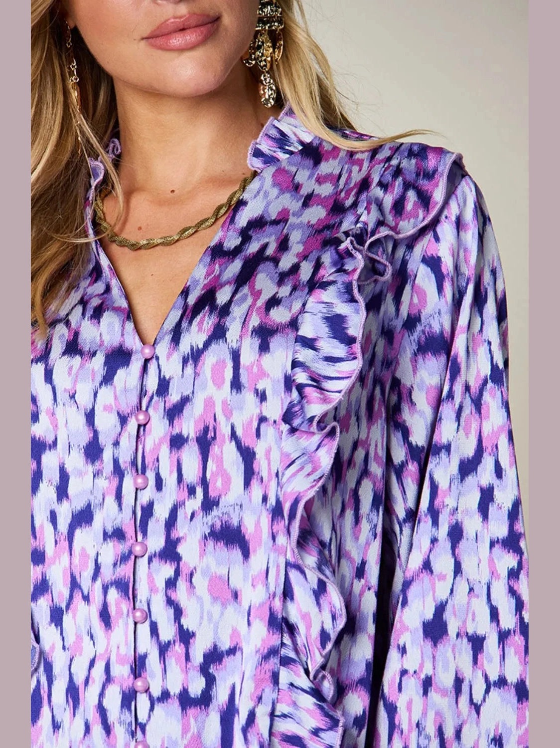 Double Take Full Size Printed Ruffle Trim Balloon Sleeve Shirt nicholesgifts