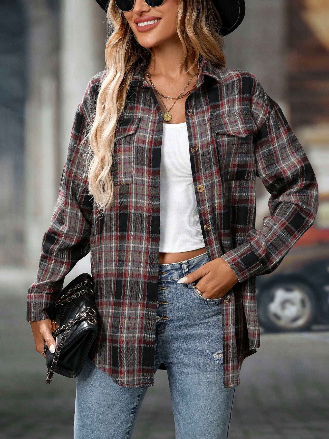 Oversized Plaid Button-Up Shirt NicholesGifts
