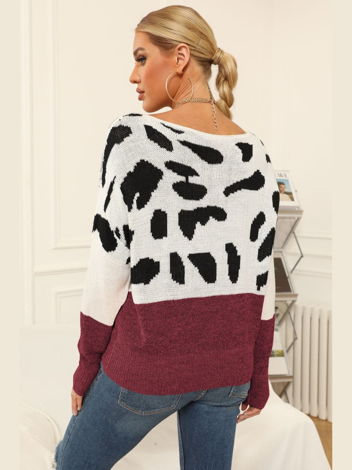 Full Size Two-Tone Boat Neck Sweater Trendsi