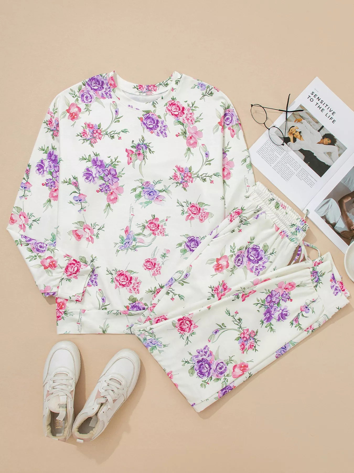 Floral Print Round Neck Top and Drawstring Pants Lounge Set Trendsi