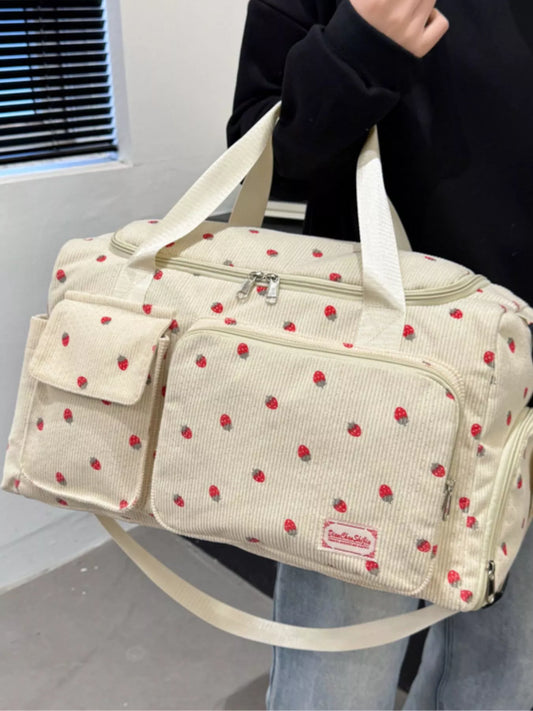 Strawberry Print Corduroy Travel Bag Trendsi