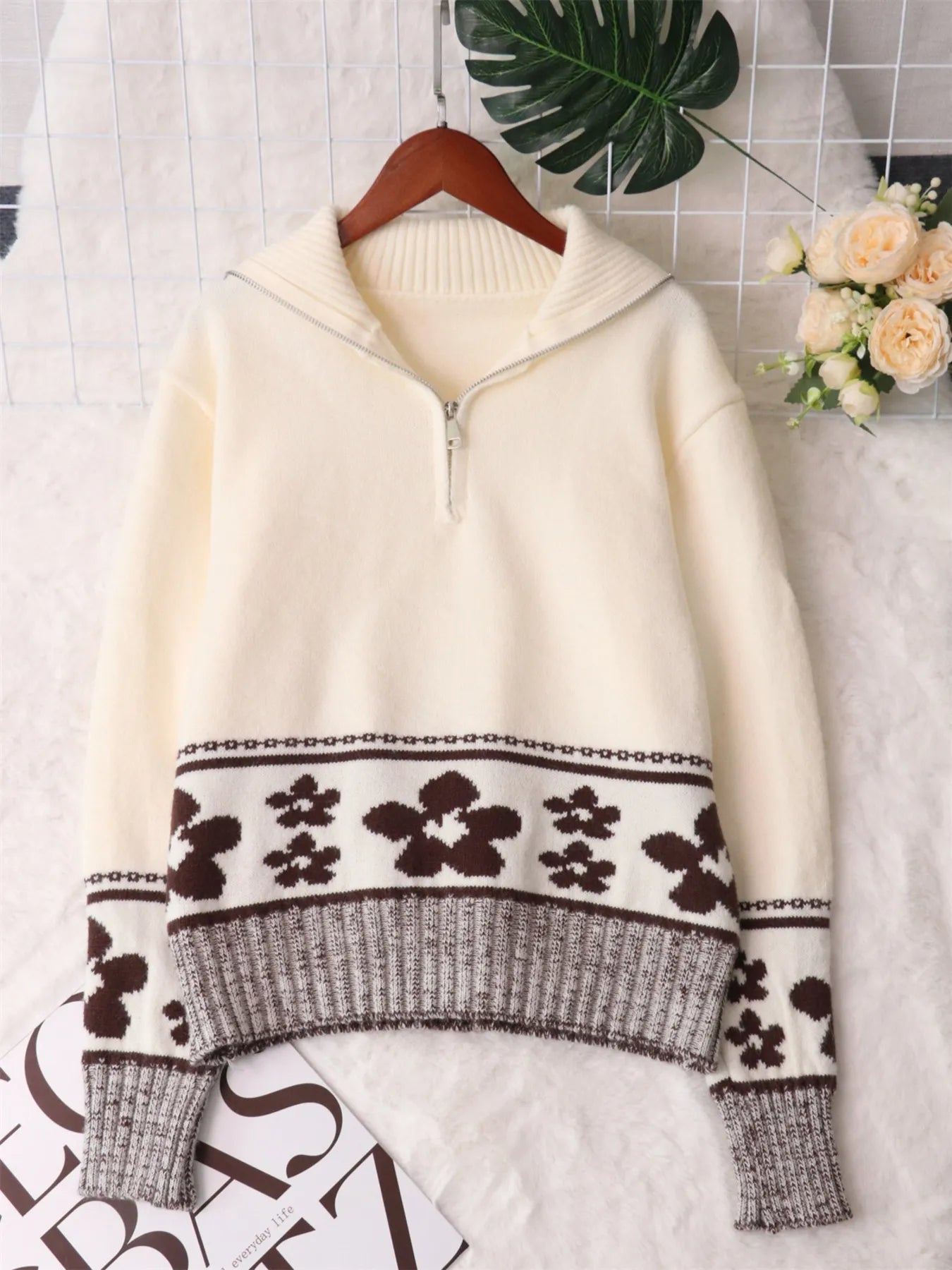 Flower Zip Collar Long Sleeve Sweater