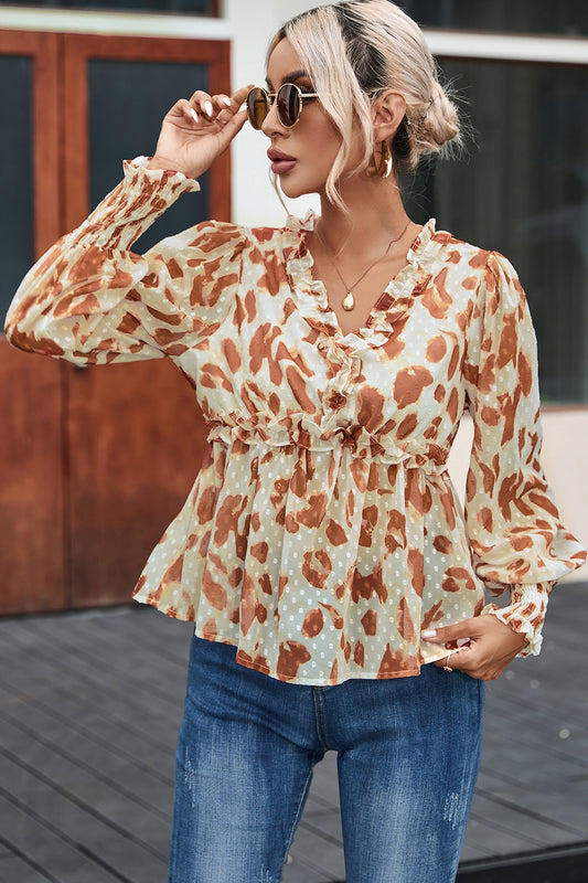 Frill Printed V-Neck Lantern Sleeve Blouse nicholesgifts