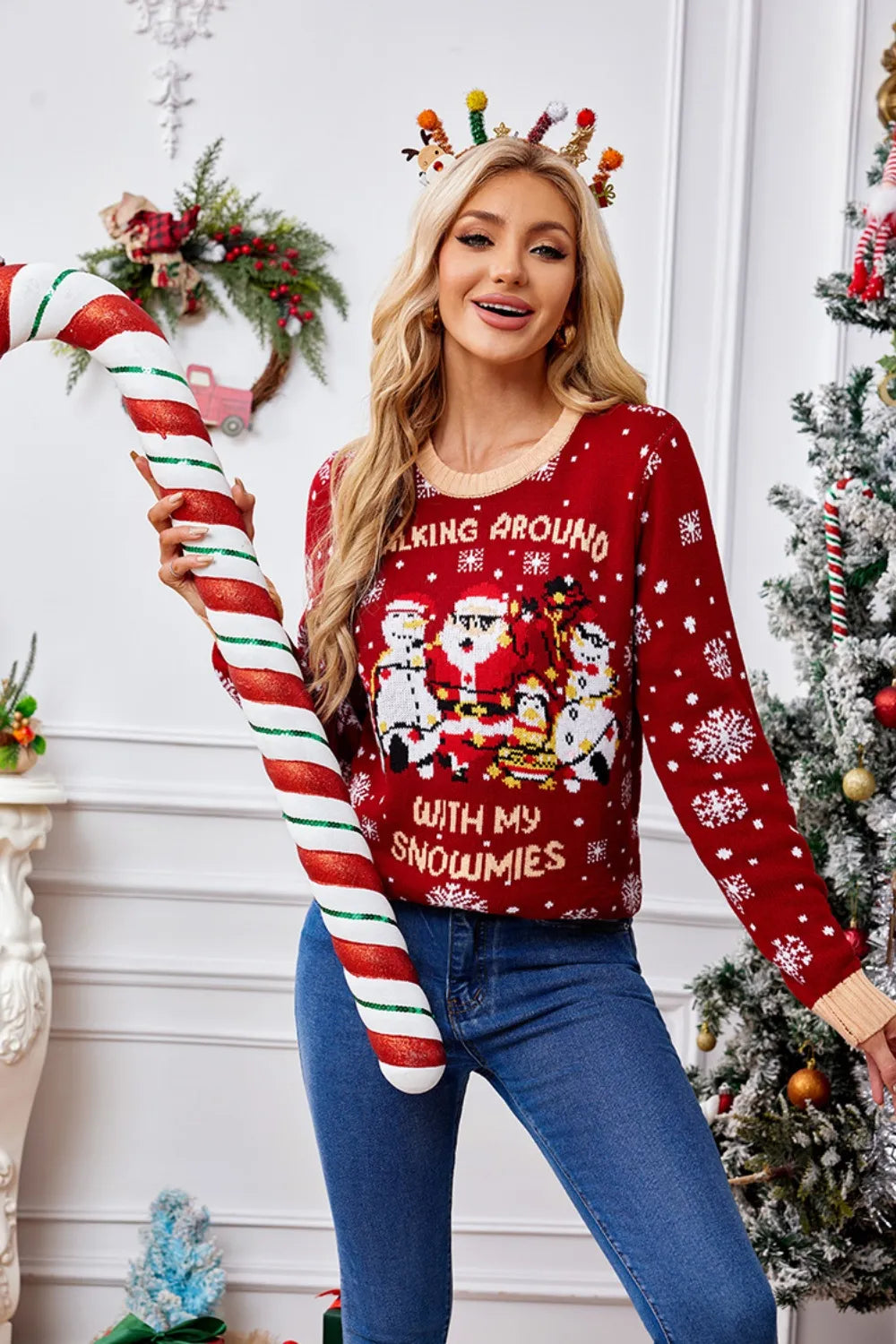 Christmas Pattern Round Neck Long Sleeve Sweater Trendsi