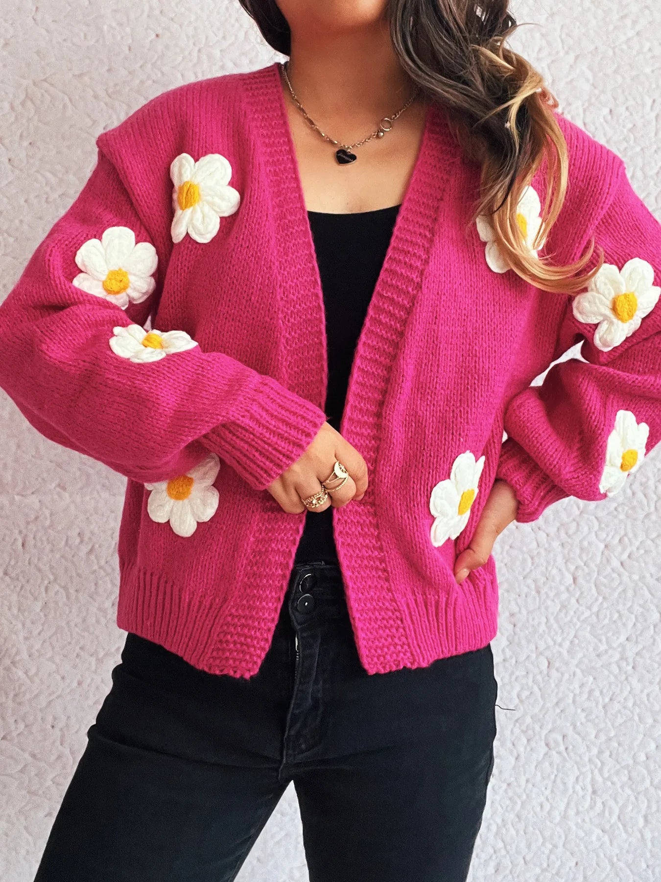 Flower Open Front Long Sleeve Cardigan