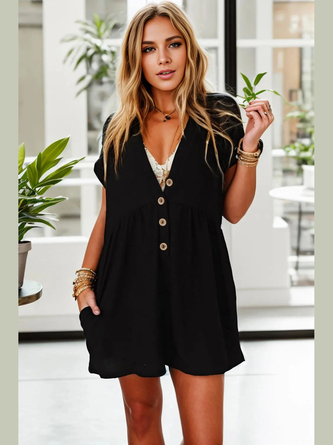 Pocketed V-Neck Short Sleeve Romper nicholesgifts