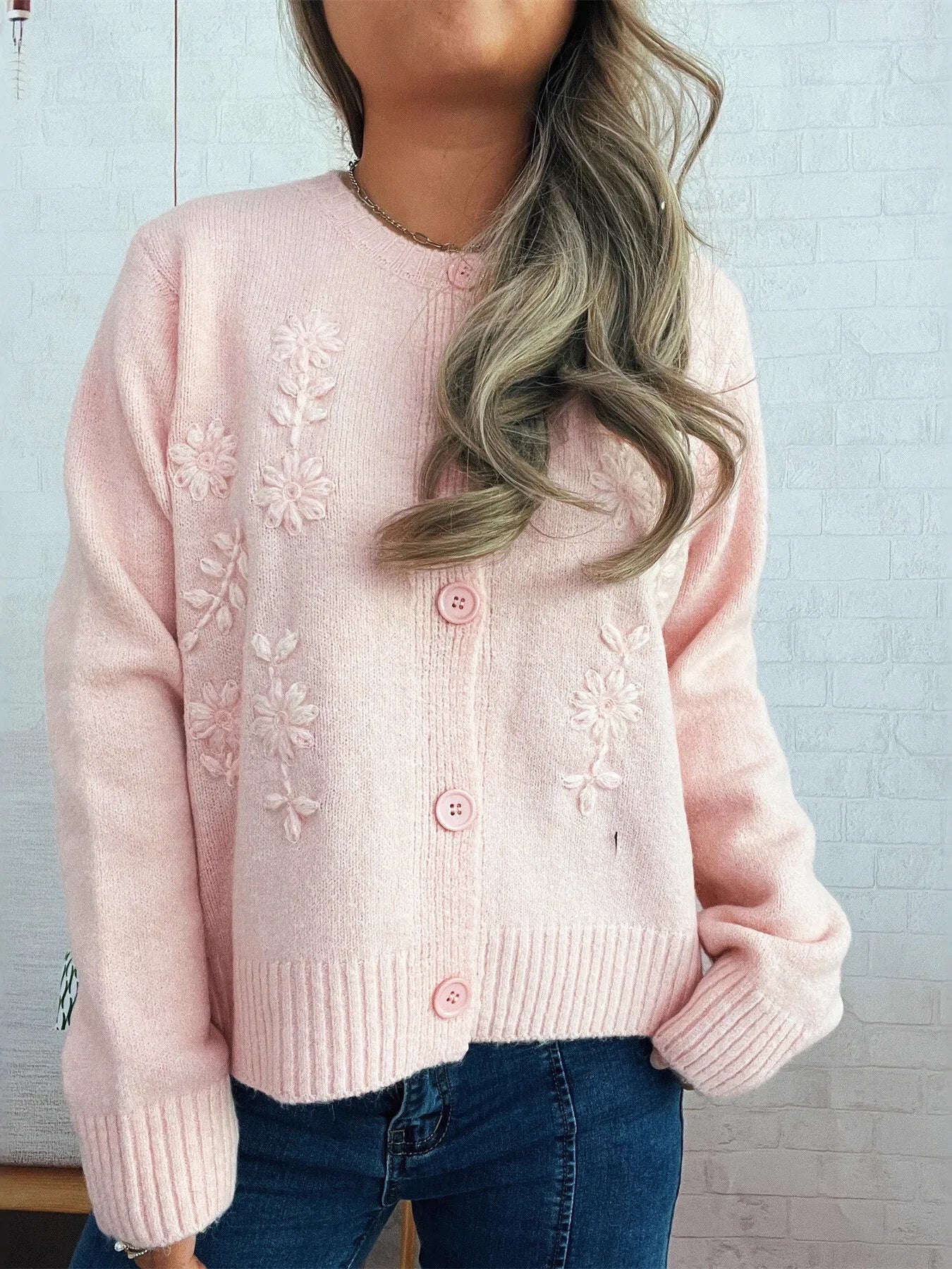 Flower Button Up Ribbed Hem Cardigan