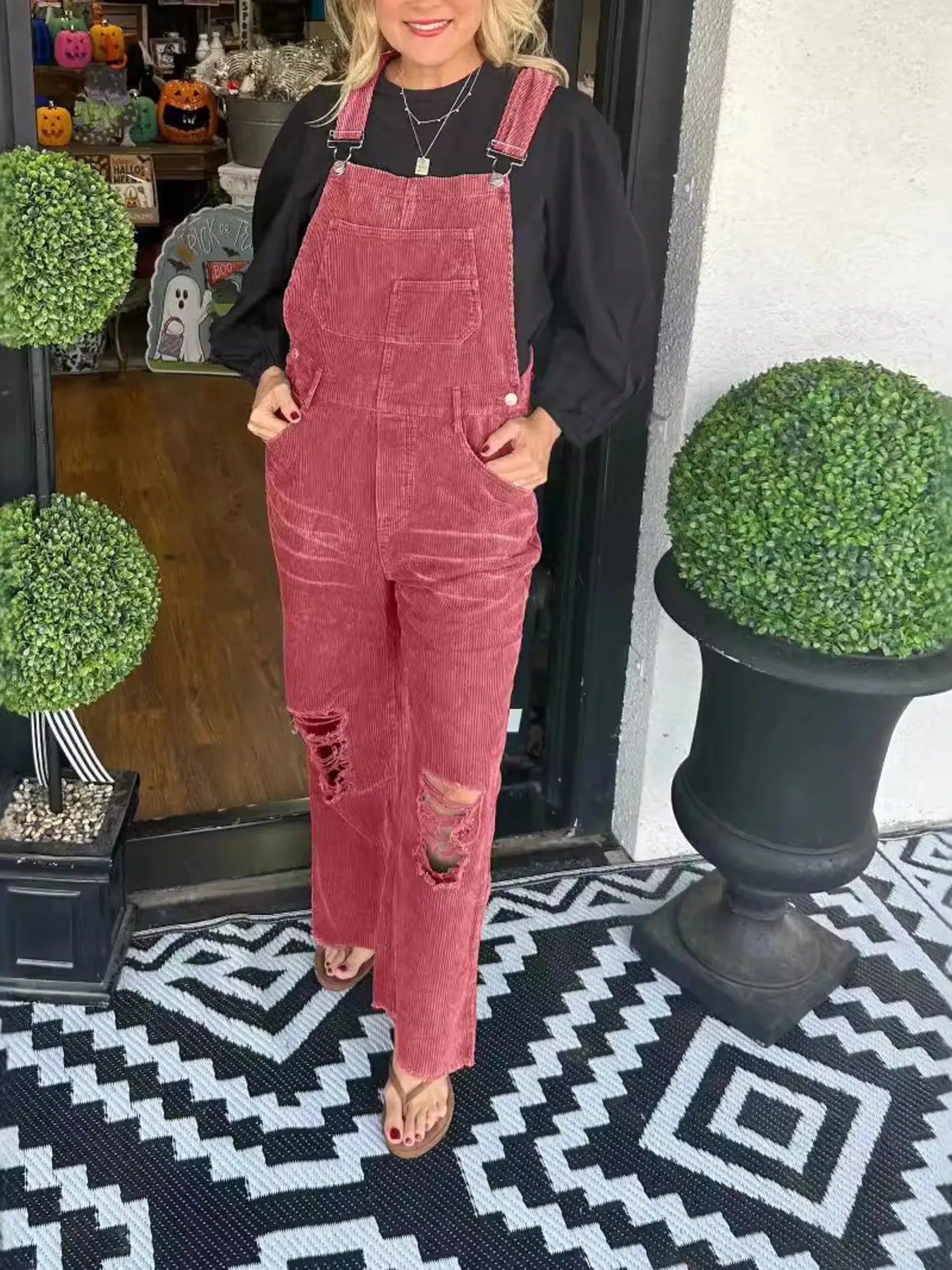 Distressed Wide Leg Corduroy Overalls nicholesgifts