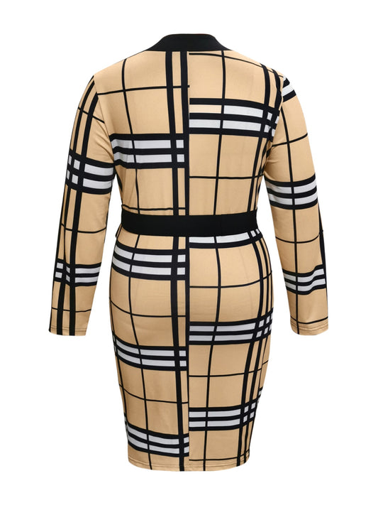 Plus Size Women Plaid V-Neck Long Sleeve Wrap Pastel Yellow Dress - NicholesGifts