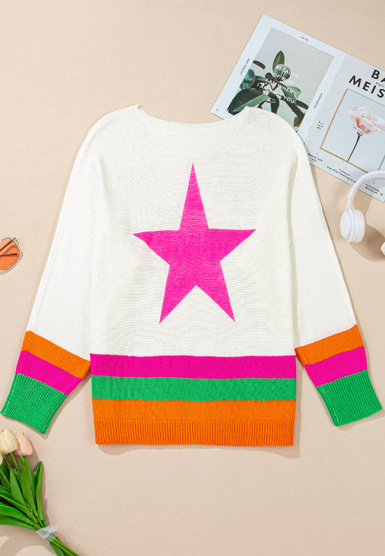 Star Contrast Round Neck Long Sleeve Knit Top NicholesGifts