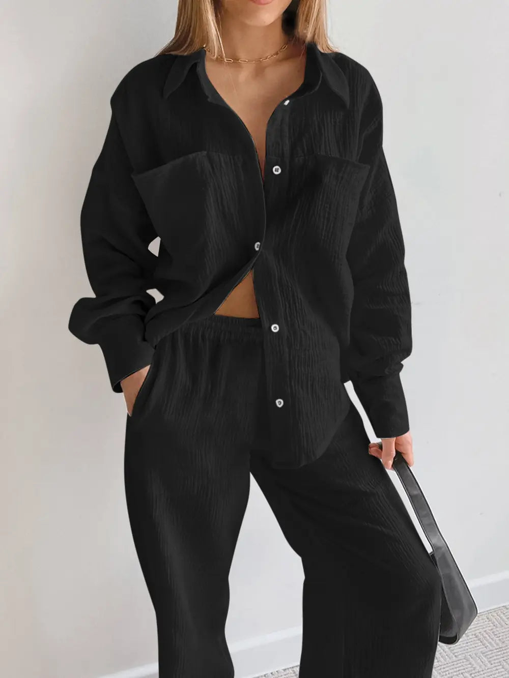 Texture Button Up Long Sleeve Shirt and Pants Set nicholesgifts
