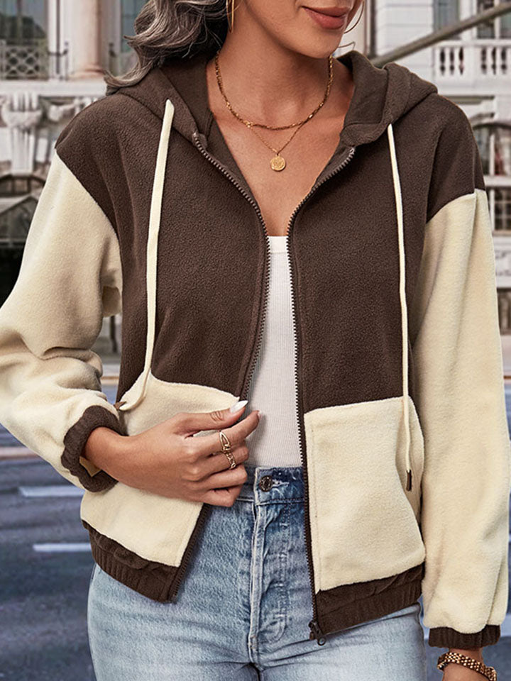 NicholesGifts Women Perfee Two-Tone Zip-Up Dropped Shoulder Hooded Jacket NicholesGifts