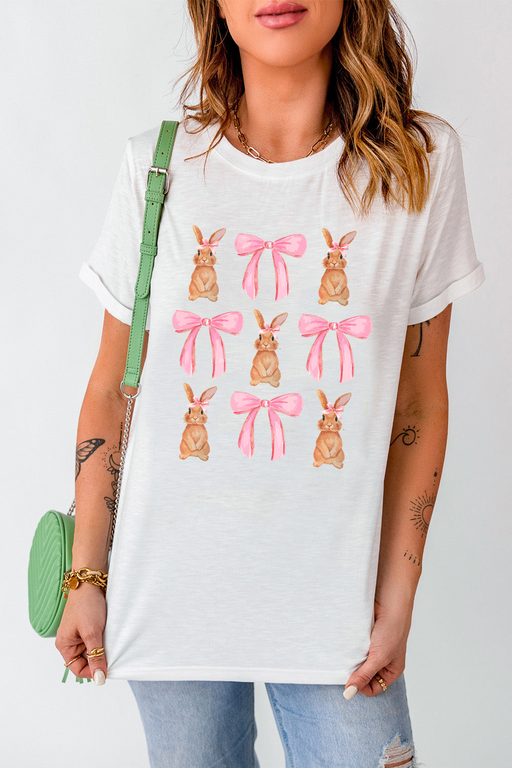 Rabbit & Bow Round Neck Short Sleeve T-Shirt nicholesgifts