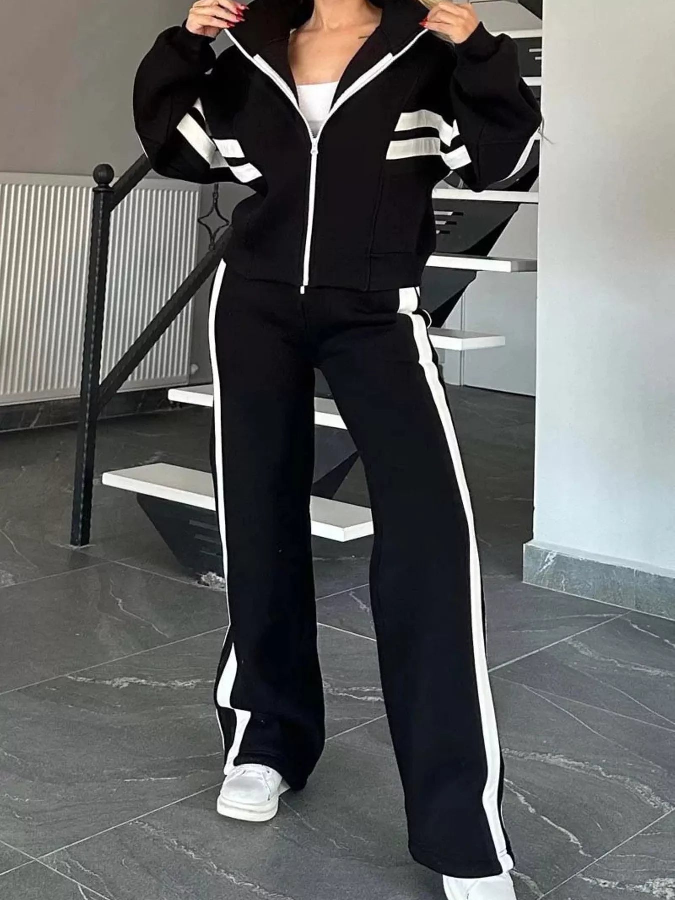 Full Size Contrast Stripe Zip Up Jacket and Pants Set Plus Size nicholesgifts