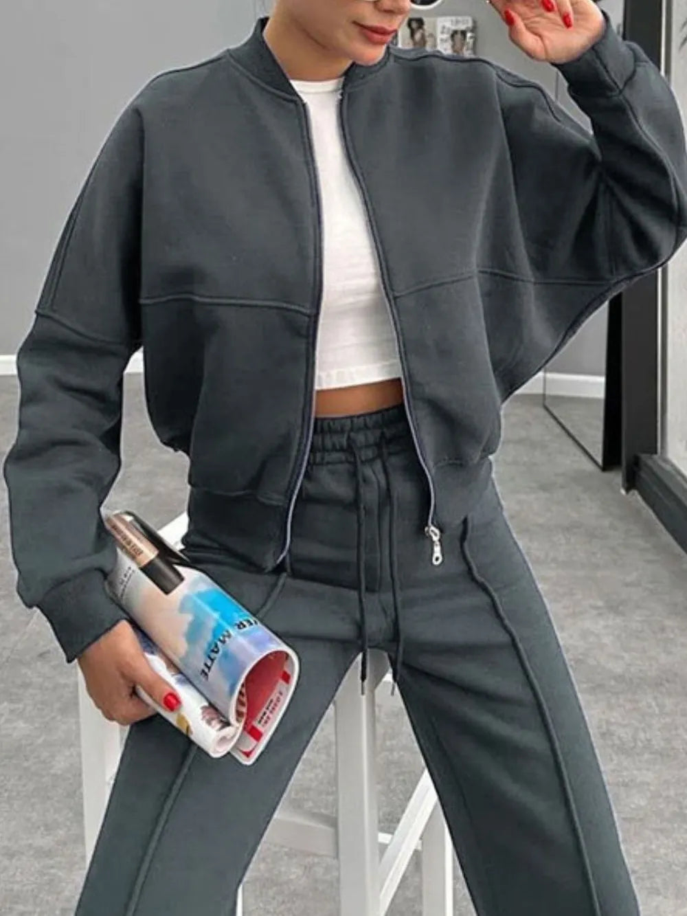 Baseball Collar Zip Up Outerwear and Drawstring Pants Set nicholesgifts