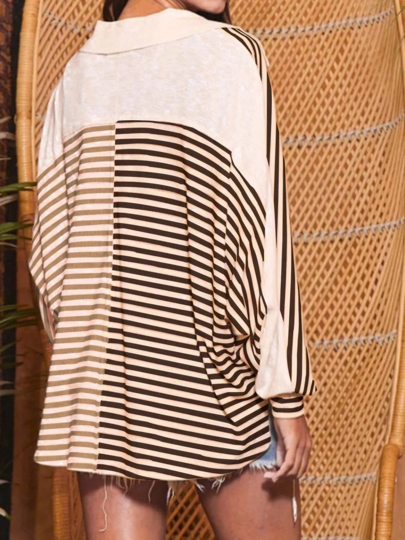 Striped Oversized Half Button Sweatshirt nicholesgifts