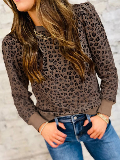 Ribbed Trim Leopard Print Long Sleeve Top nicholesgifts