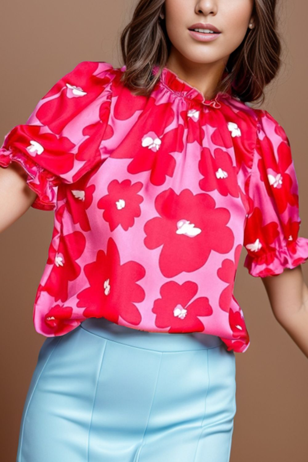 Ruffled Printed Mock Neck Short Sleeve Blouse nicholesgifts