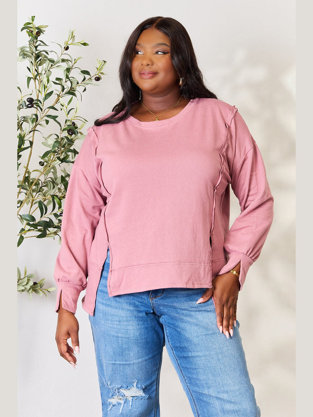 Women Culture Code Full Size Round Neck Exposed Seam Slit Top