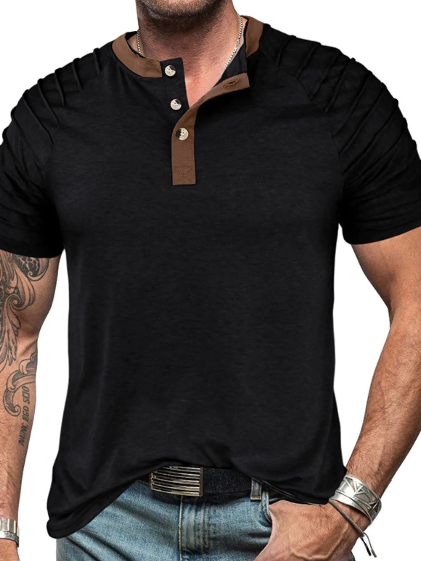 Men's Full Size Casual Henley Short Sleeve Top with Contrast Collar Plus Size NicholesGifts