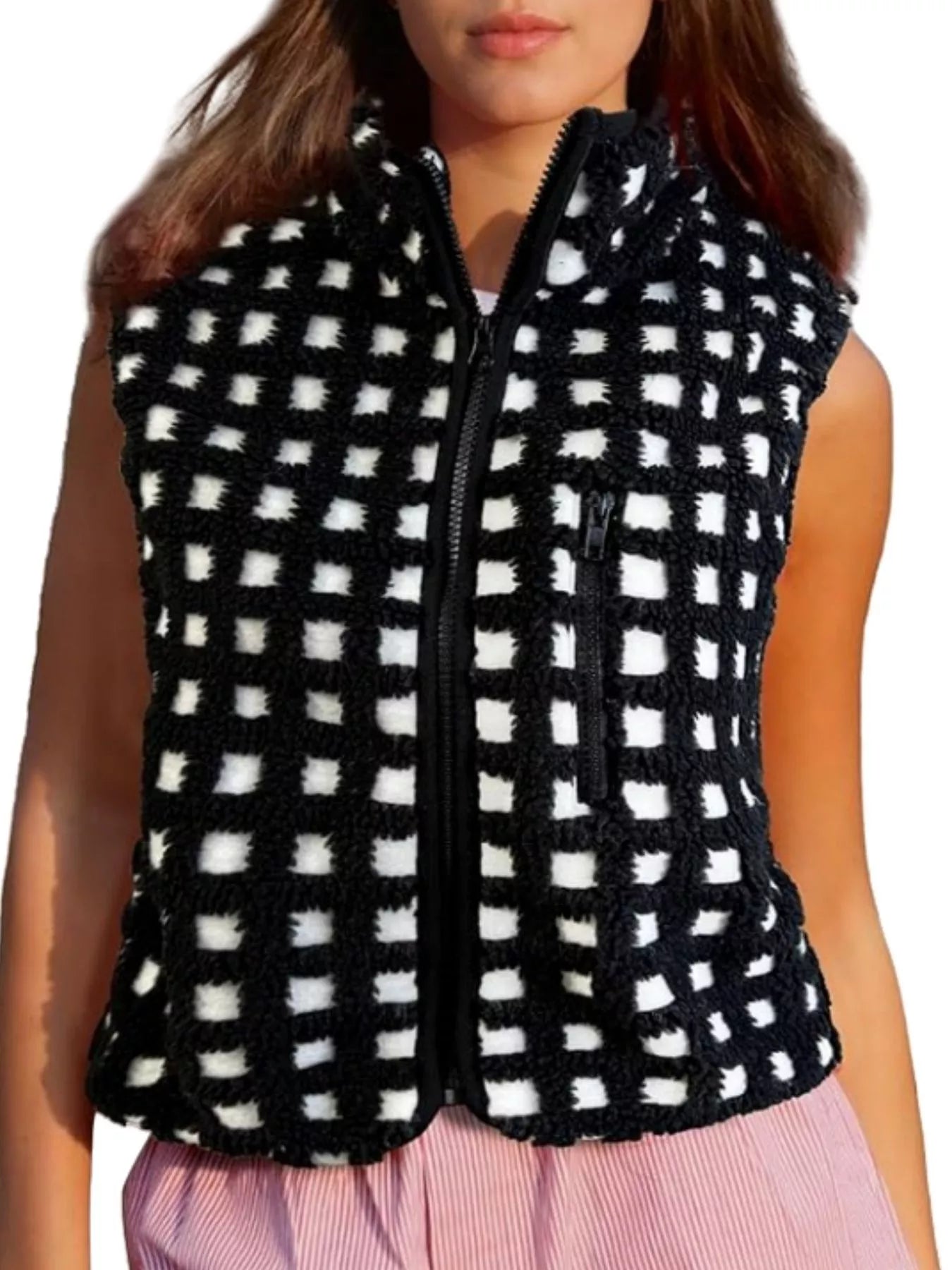 Plaid Zip Up Vest Coat nicholesgifts