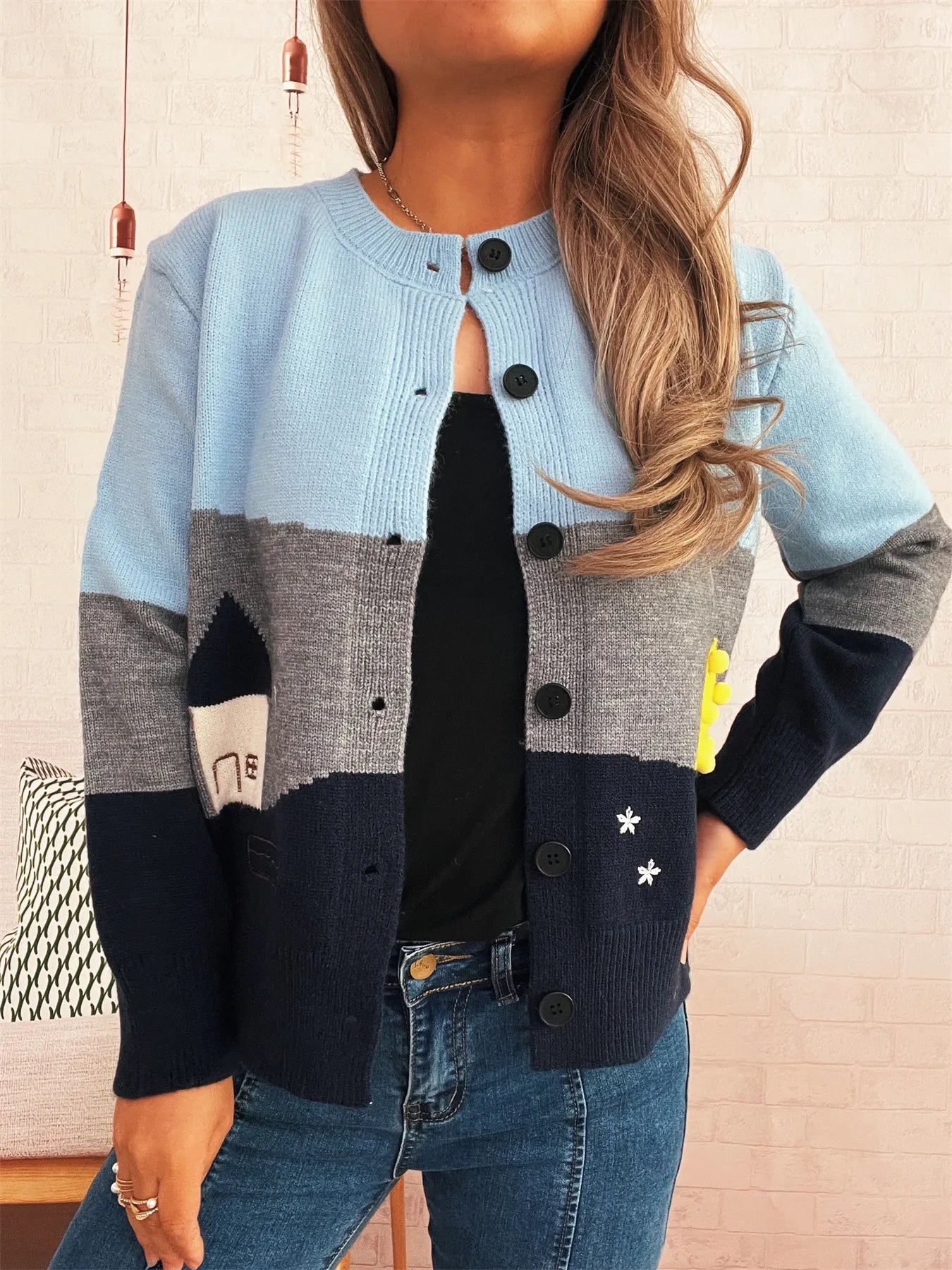 Women Color Block Button-Up Cardigan