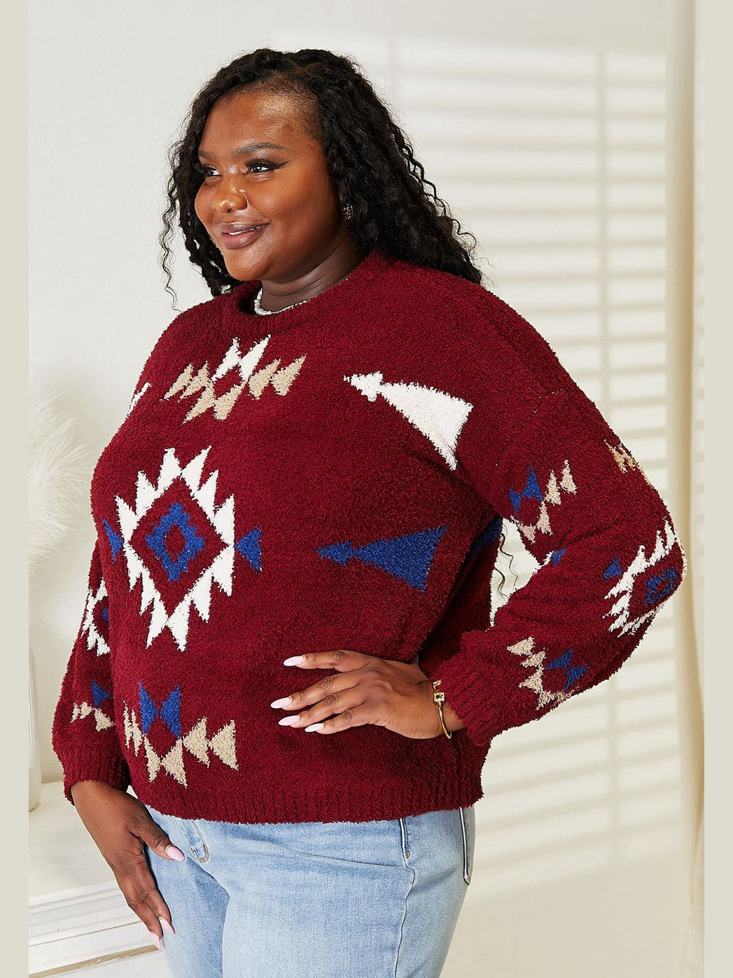 HEYSON Full Size Aztec Soft Fuzzy Sweater Trendsi