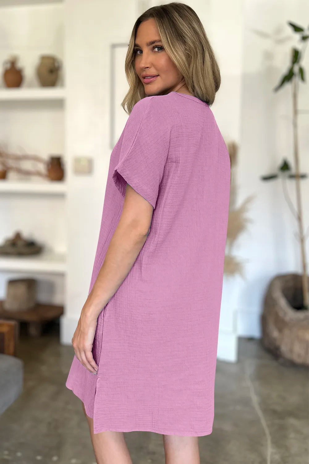 FAM-FAM Slit Notched Short Sleeve Mini Dress Trendsi
