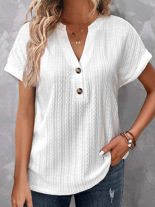 Textured Notched Short Sleeve Blouse nicholesgifts