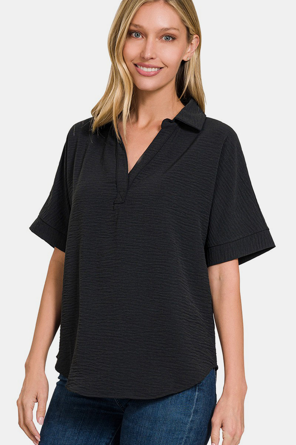 Zenana Full Size Texture Collared Neck Short Sleeve Top nicholesgifts